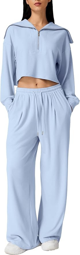 QINSEN Women Cozy 2 Piece Lounge Matching Set Wide Leg Sweatpants Half Zip Crop Sweatshirt Outfit... | Amazon (US)