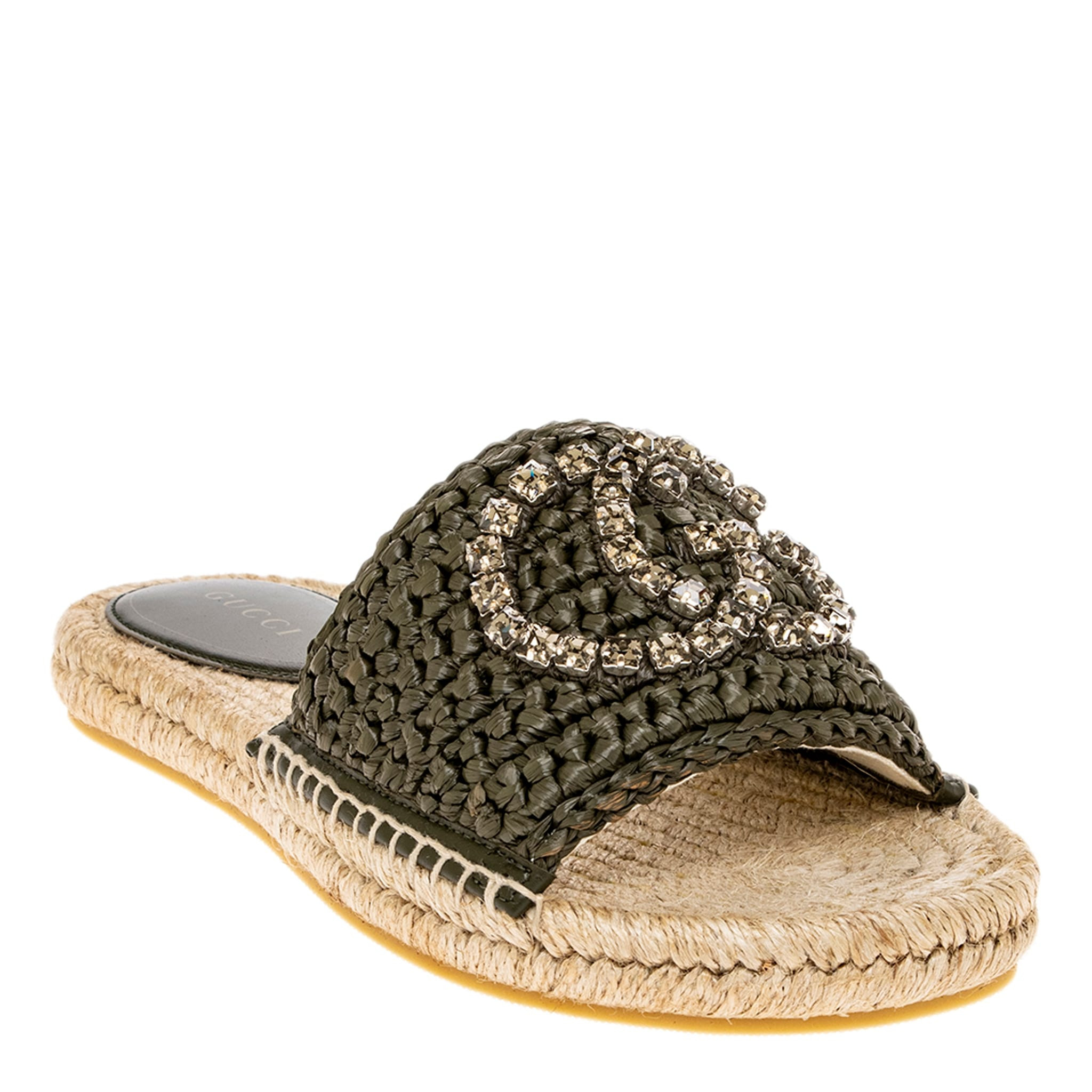 Gucci GG Crystal Embellished Raffia Slides | Overstock