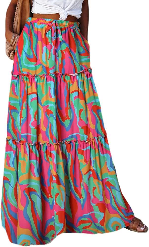 Happy Sailed Womens Floral Print Boho Maxi Skirt Elastic High Waist Pleated Ruffle Flowy Long Ski... | Amazon (US)