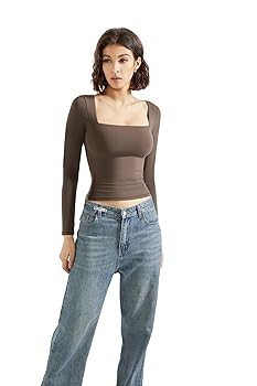 SUUKSESS Women Square Neck Long Sleeve Tops Double Lined Going Out T Shirts | Amazon (US)