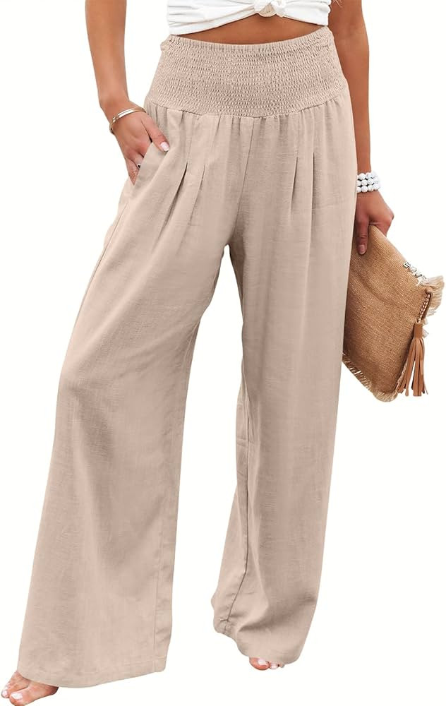 ANRABESS Women Linen Palazzo Pants Summer Boho Wide Leg High Waist Casual Lounge Pant Trousers wi... | Amazon (US)