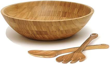 Bamboo Salad Bowl with 2 Serving Utensils Spoon Wood Round Salad Bowl Mixing Bowl | Amazon (UK)