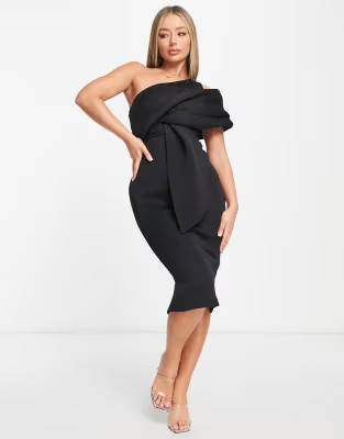ASOS DESIGN peekaboo shoulder gathered midi pencil dress in black | ASOS (Global)