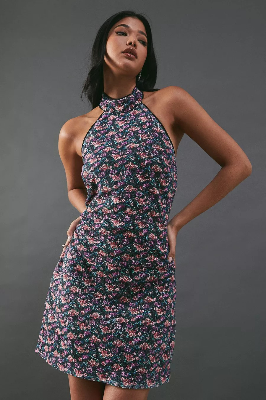 Print Sequin Lace High Neck Halter Mini Dress | Nasty Gal US