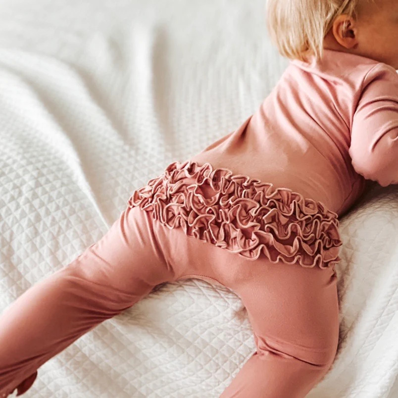 Solid Mauve Bamboo Zipper Ruffle Footie | Caden Lane