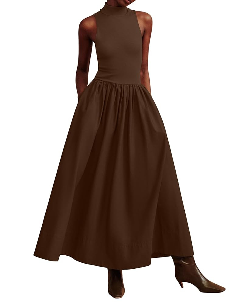 Lauweion Women's Summer Sleeveless Mock Neck Maxi Dresses Patchwork Casual Flowy Drop Waist Dress... | Amazon (US)
