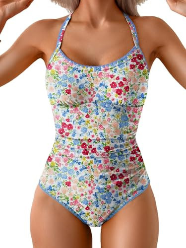 Eomenie Women's One Piece Swimsuit Tummy Control Slimming Bathing Suit Ruched Swimwear Tie Back Shell Stitch Swim Suit Pink Floral | Amazon (US)