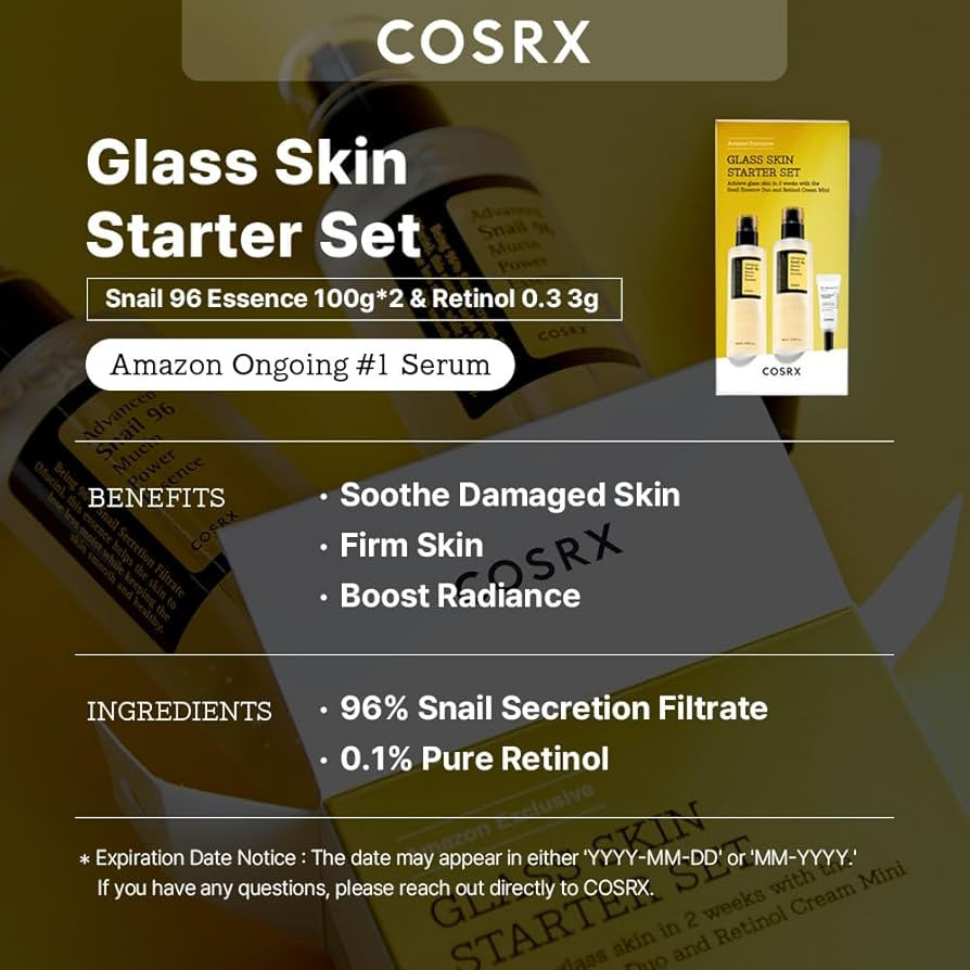 COSRX Glass Skin Starter Set, Advanced Snail 96% Mucin Power Essence (3.38 fl.oz*2) & Retinol 0.1... | Amazon (US)