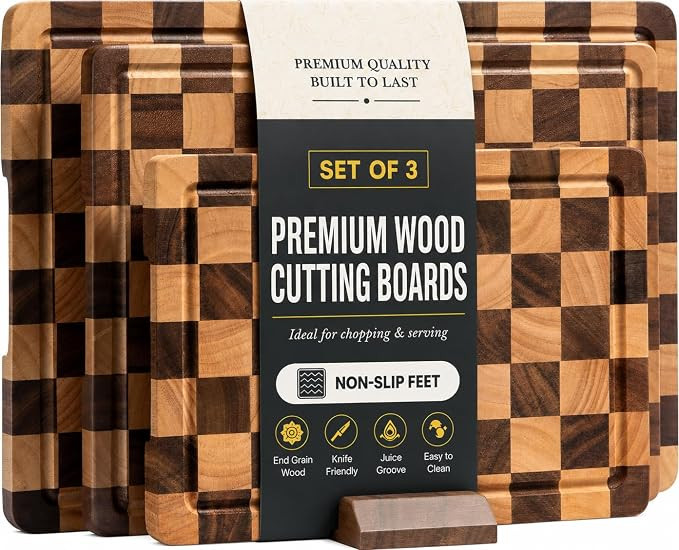 Checkered Wood Cutting Boards for Kitchen, End Grain Acacia Wooden Chopping Board Sets with Stand... | Amazon (US)