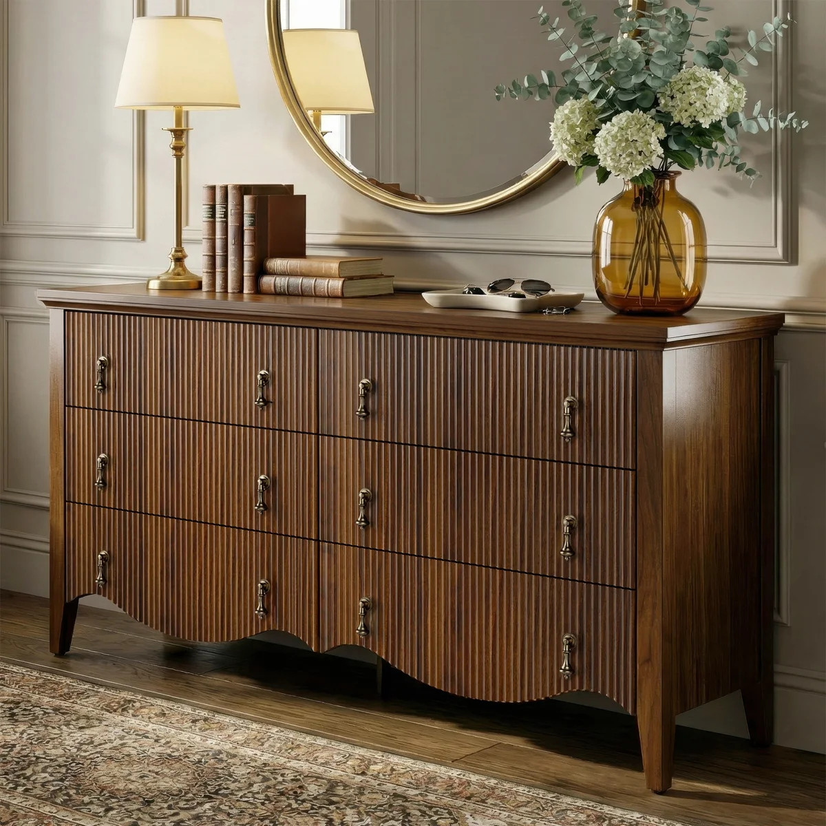 Avenall 6-drawer Double Dresser With Fluted Design, Vintage Wide Chest Of Drawers With Scalloped ... | Wayfair North America
