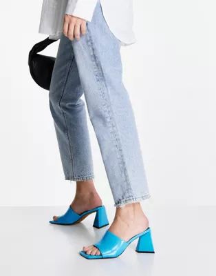 ASOS DESIGN Healing leather triangle heeled mules in blue | ASOS (Global)
