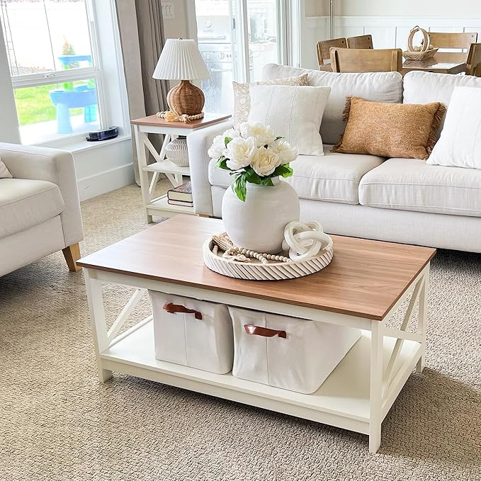 PHI VILLA Farmhouse Coffee Table for Living Room, White Coffee Tables with Storage Rustic Style M... | Amazon (US)