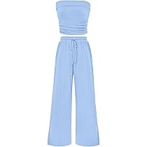PRETTYGARDEN Womens Summer Outfits 2 Piece Sets Casual Ribbed Knit Crop Tube Top Wide Leg Pants S... | Amazon (US)
