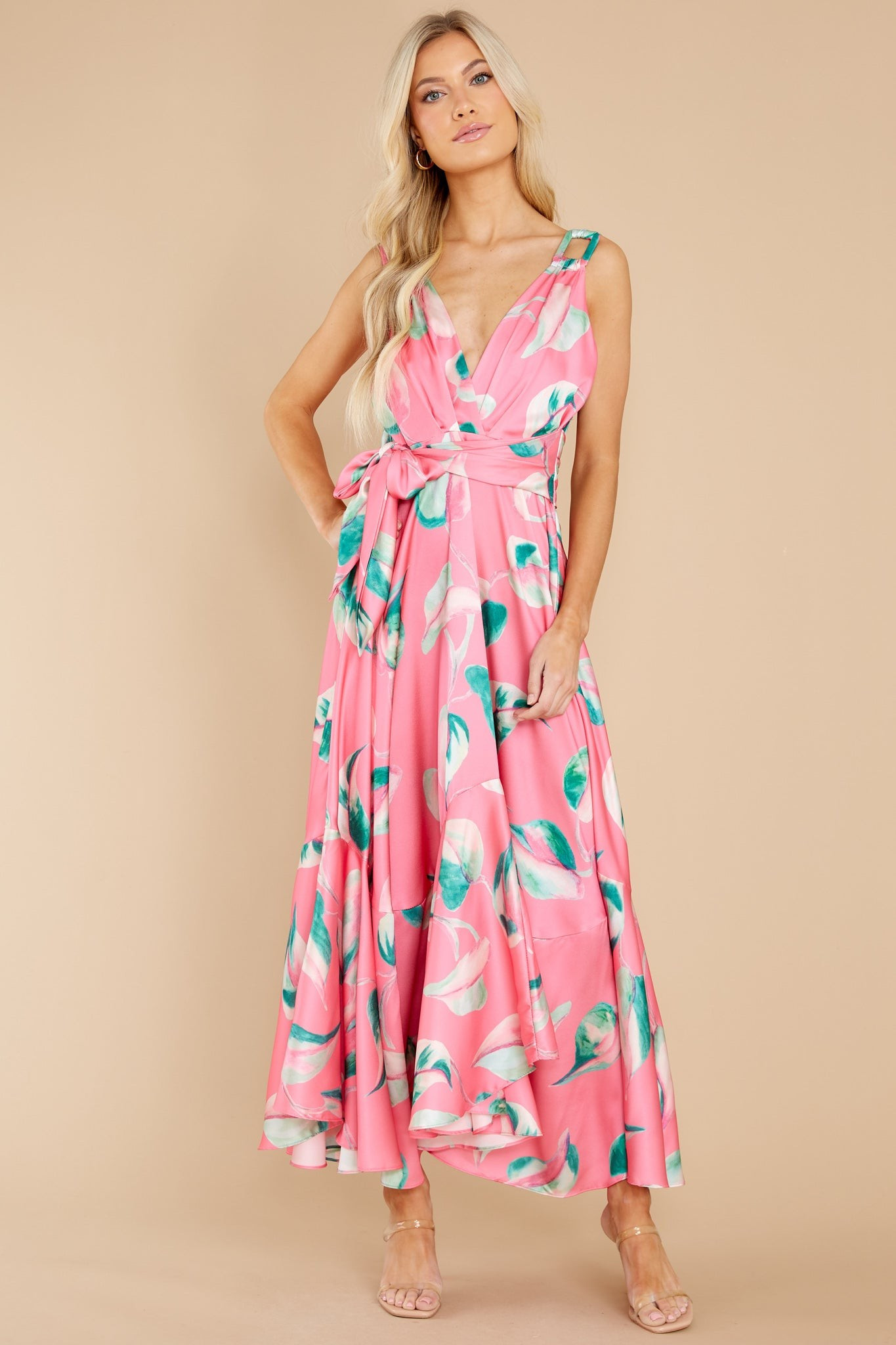Call Me Sassy Pink Leaf Print Maxi Dress | Red Dress 