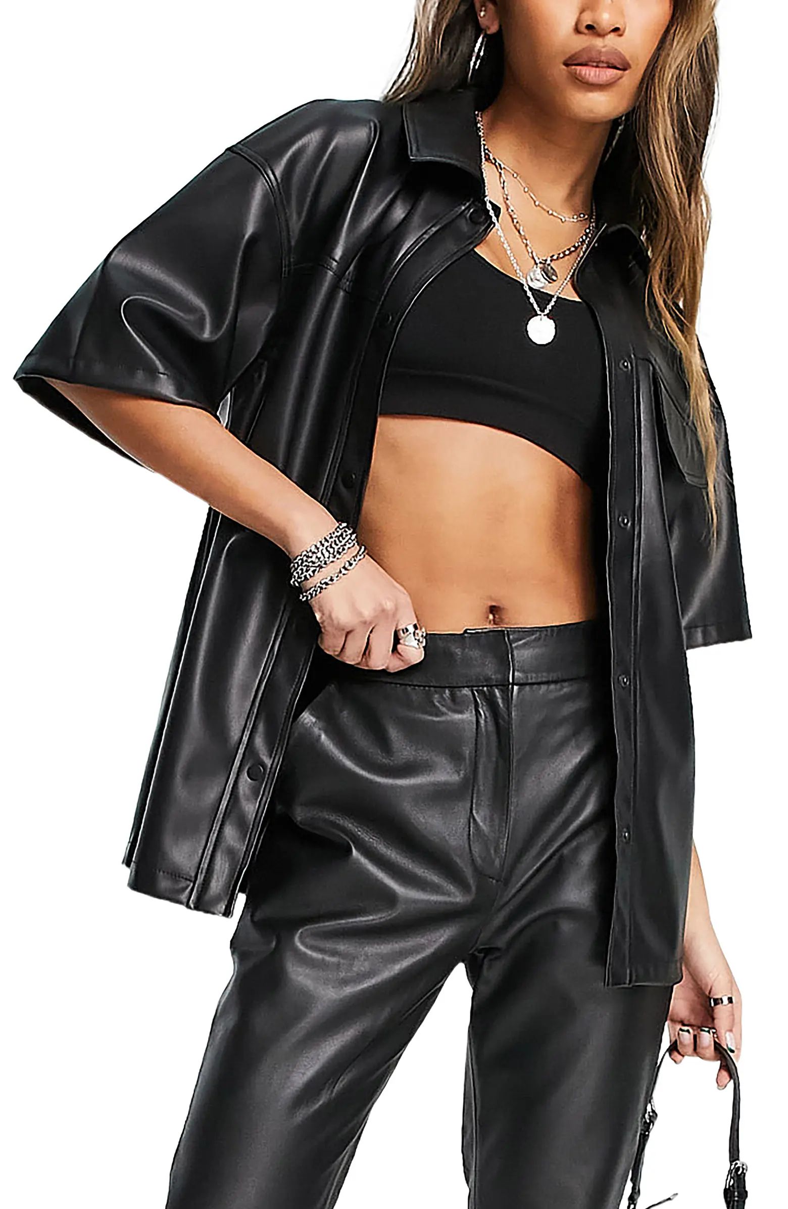Oversize Faux Leather Snap-Up Shirt | Nordstrom