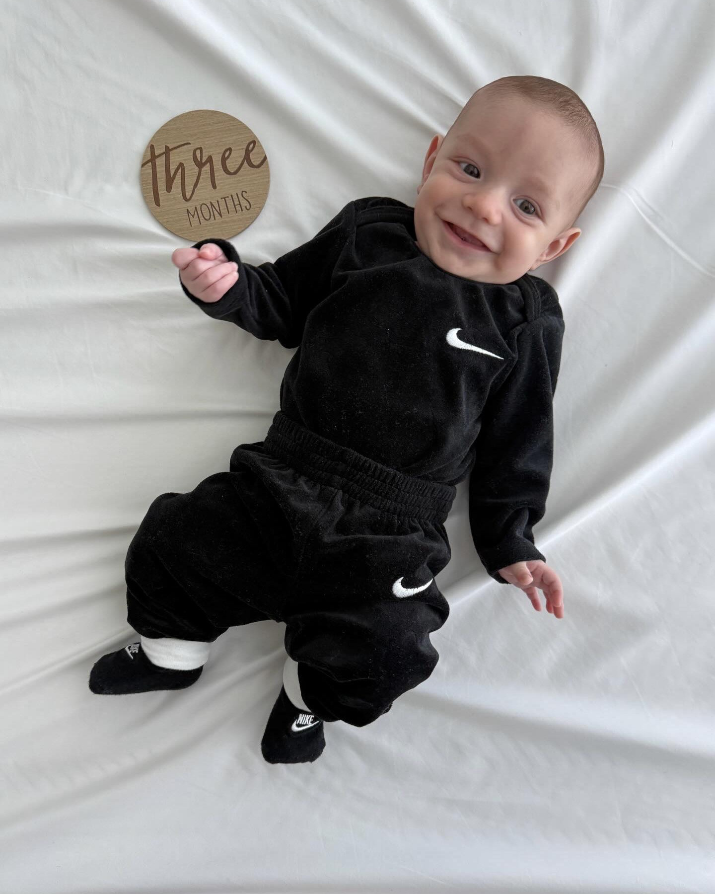 I blinked and I have a three month old!! ✨🥰🥹 Andrew and I are just loving every moment of watching him grow! 

Milestones Brody has reached this month — 
01. Yesterday he officially rolled over 
02. Andrew and I are pretty confident he said mama 
03. He hasn’t figured out how to suck his thumb so it’s his whole fist these days 
04. 6 hour stretches!! 
05. Recognizes himself in the mirror 

I could go on and on but needless to say this boy is LEARNING!