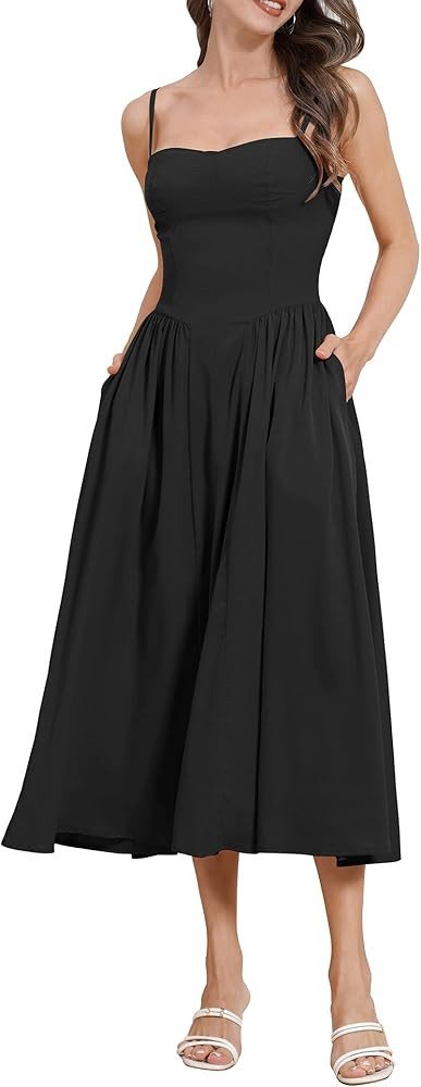 Women Floral Corset Dress Boho Spaghetti Strap Lace Up Casual Midi Dresses with Pockets Low Cut F... | Amazon (US)