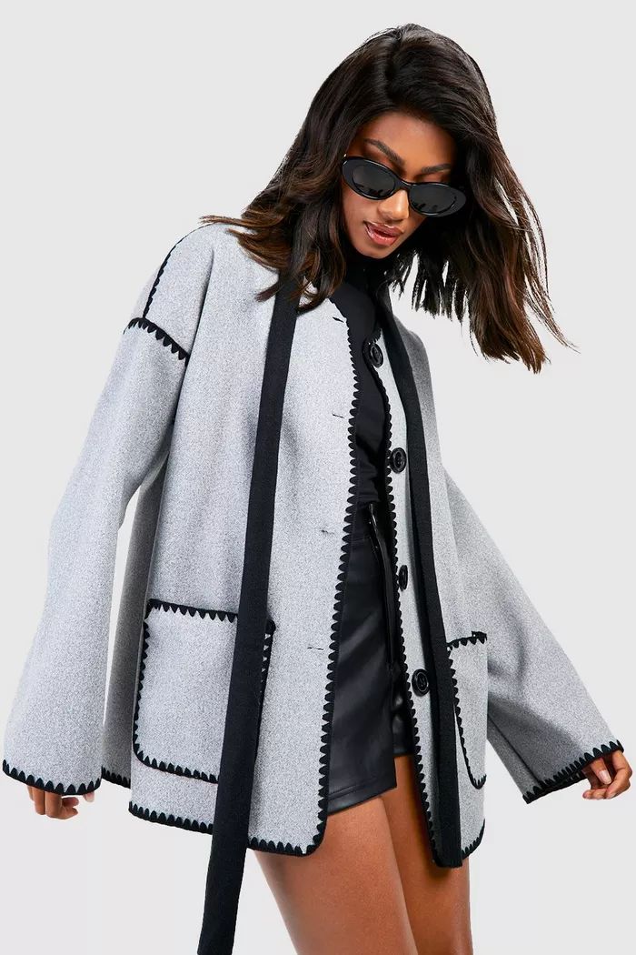 Contrast Blanket Stitch Wool Look Jacket | boohoo (US & Canada)