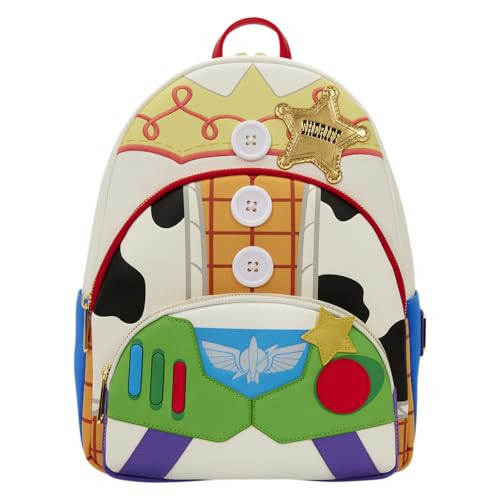 Loungefly Disney: Pixar - Toy Story 5 - to Infinity and Beyond - Woody, Jessie and Buzz Lightyear - Printed Denim Trim Triple Pocket Mid-Size Backpack – Gift for Kids & Adults – Collectible Bags | Amazon (US)