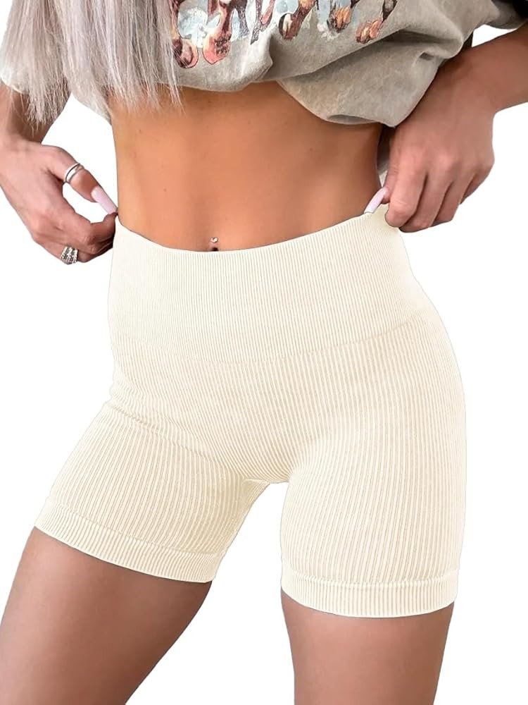 KINLONSAIR Women's High Waist Yoga Workout Impact Shorts Ribbed Seamless Workout Athletic Legging... | Amazon (US)