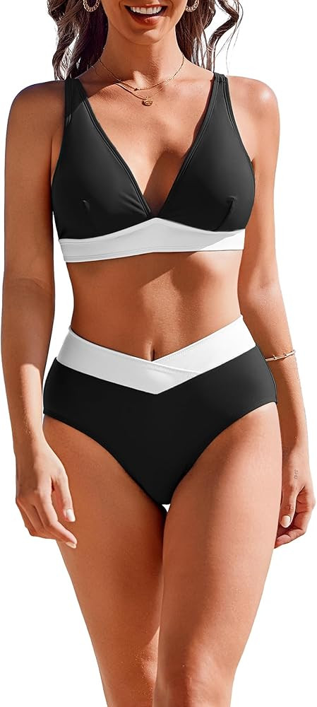 AI'MAGE High Waisted Bikini Set for Women Tummy Control Women's 2 Piece Bathing Suit V Neck Sexy ... | Amazon (US)
