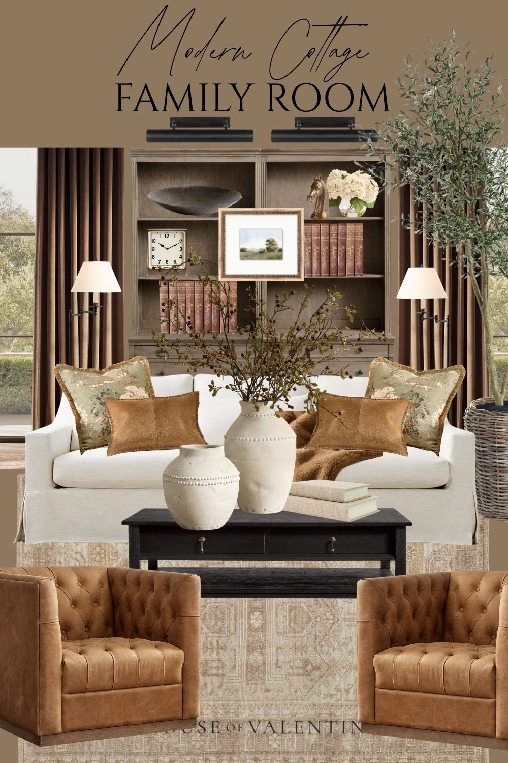 Guys, those caramel leather chairs! A modern cottage family room where everything feels collected — old books, a little brass horse, a landscape you'd swear was inherited. Soft white sofa, warm brown drapes, a big olive tree in the corner. Polished and so easy to settle into.

#LTKSeasonal #LTKHome #LTKdayinmylife