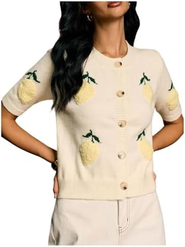 SHENHE Women's Lemon Cardigan Button Down Crewneck Lightweight Short Sleeve Sweater | Amazon (US)