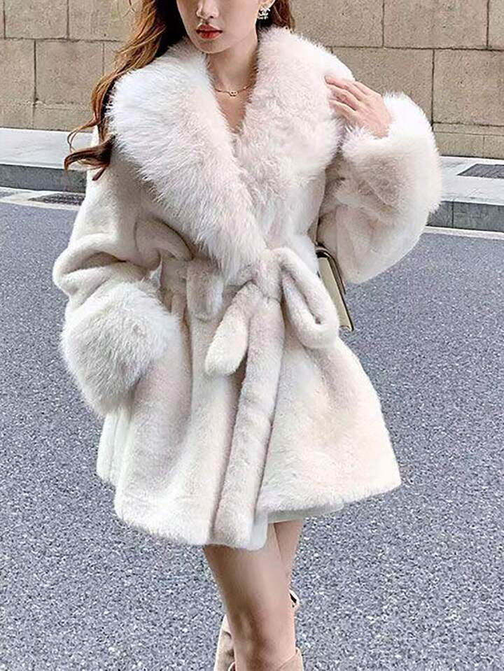 Women's Winter Solid Color Long Sleeve Fluffy Collar Tie-Waist Fluffy Jacket | SHEIN