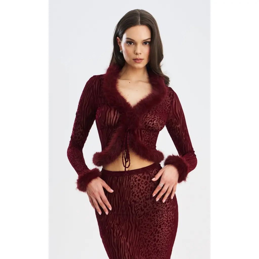 Miss Circle Halii Burnout Velvet Mesh Fur Trim Top in Burgundy at Nordstrom, Size Xx-Small | Nordstrom