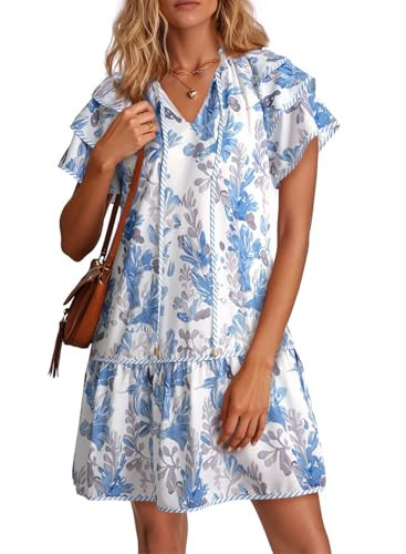 Dokotoo Spring Dresses for Women 2026 Ruffle Short Sleeve V Neck Drawstring Boho Summer Casual Loose Tiered Vintage Bohemian Swing Flared Short Babydoll Dress Beach Vacation Outfits Blue XX-Large | Amazon (US)