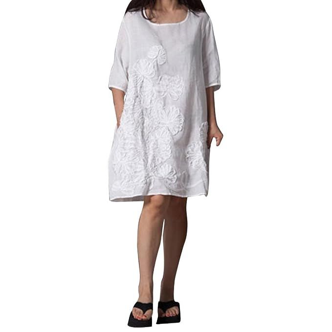 MIARHB Women's Cotton Linen Dress Loose Casual Short Sleeve Floral Printed Mini Dresses | Amazon (US)