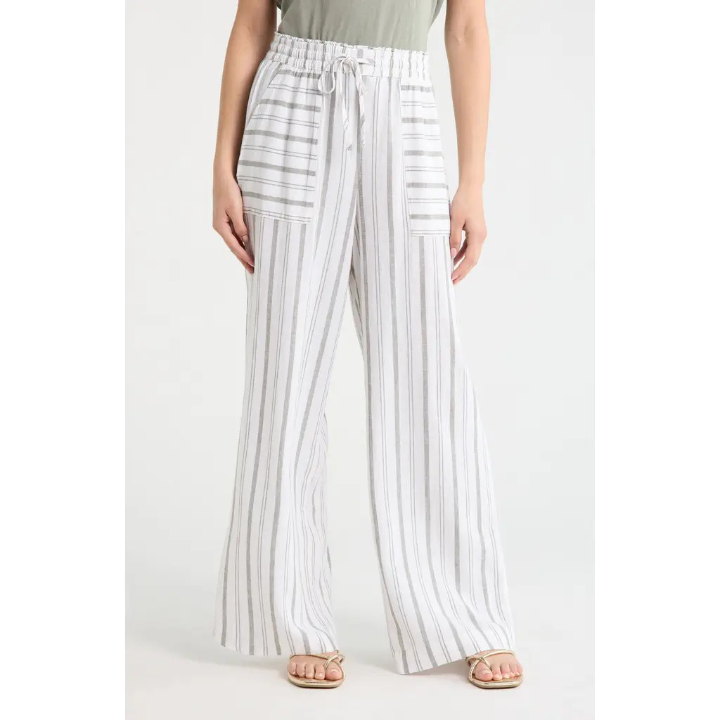 Splendid Stella Stripe Linen Blend Paperbag Pants in Eucalyptus Green/White at Nordstrom, Size X-Small | Nordstrom