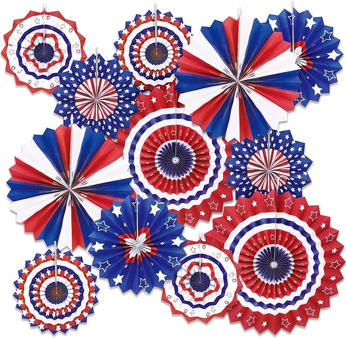 Ivenf 4th of July Paper Fans Patriotic Decorations 12 Pcs, American Flag Red White Blue Stars Han... | Amazon (US)