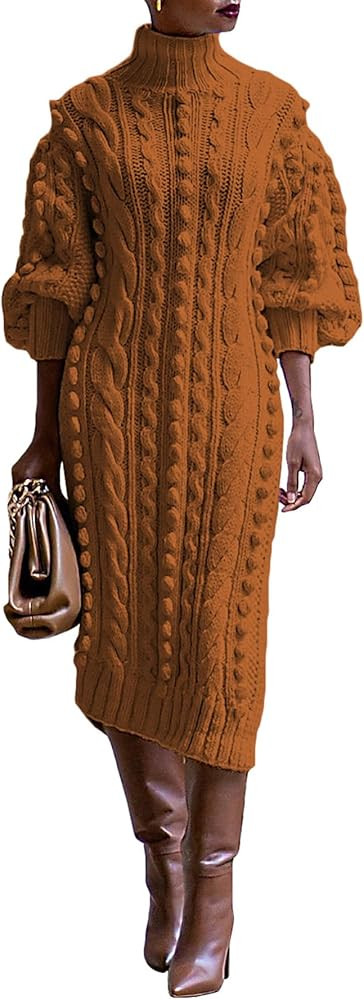 LETSVDO Womens Maxi Sweater Dress Puff Long Sleeve Turtleneck Popcorn Cable Knit Side Slit Pullov... | Amazon (US)