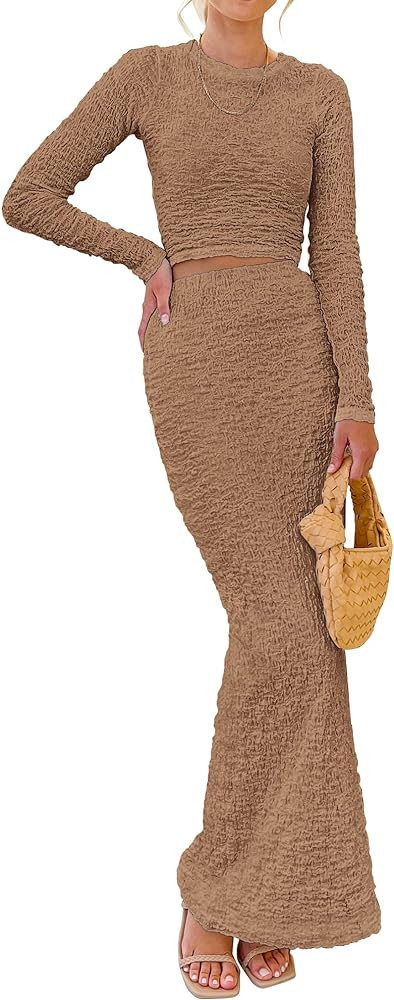 BTFBM Women's Fashion 2 Piece Outfits 2023 Fall Winter Long Sleeve Bodycon Pullover Tops Ruched M... | Amazon (US)