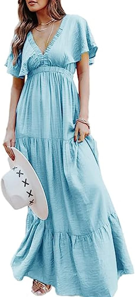Amegoya Women's Casual Short Sleeve V Neck Floral Maxi Dresses Boho Beach Photoshoot Flowy Ruffle... | Amazon (US)