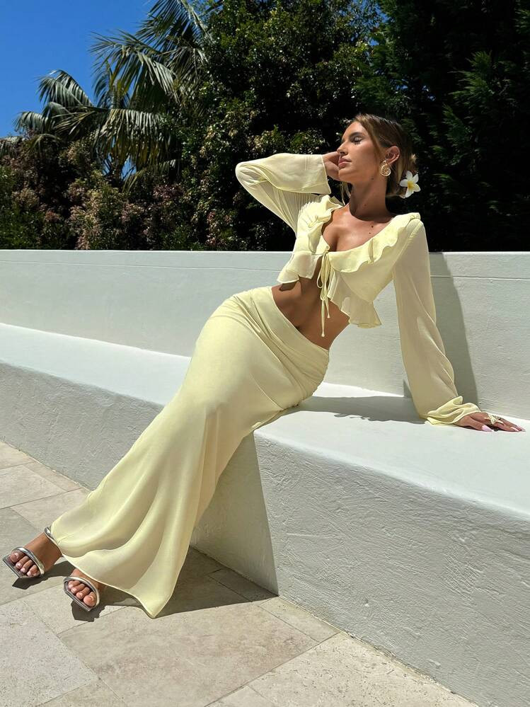 Aloruh 2pcs Women's Chiffon Low Waist Skirt Suit, For Spring & Summer Vacation,Yellow Suit | SHEIN