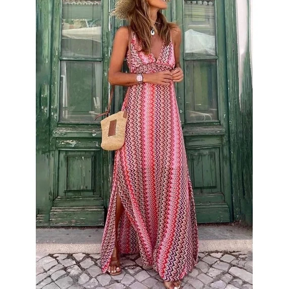 Jaimenalin Women'S Maxi Dress Floral Print V Neck Sleeveless Long Dress Red Ripple M | Walmart (US)
