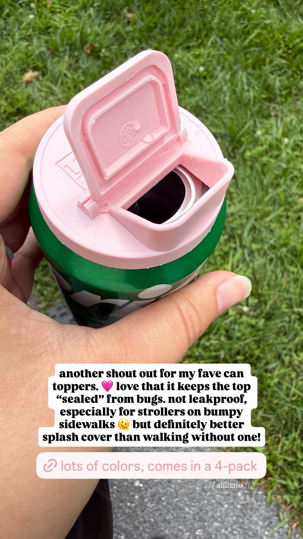 another shout out for my fave can toppers. 🩷 love that it keeps the top “sealed” from bugs. not leakproof, especially for strollers on bumpy sidewalks 🫠 but definitely better splash cover than walking without one! // affiliate //