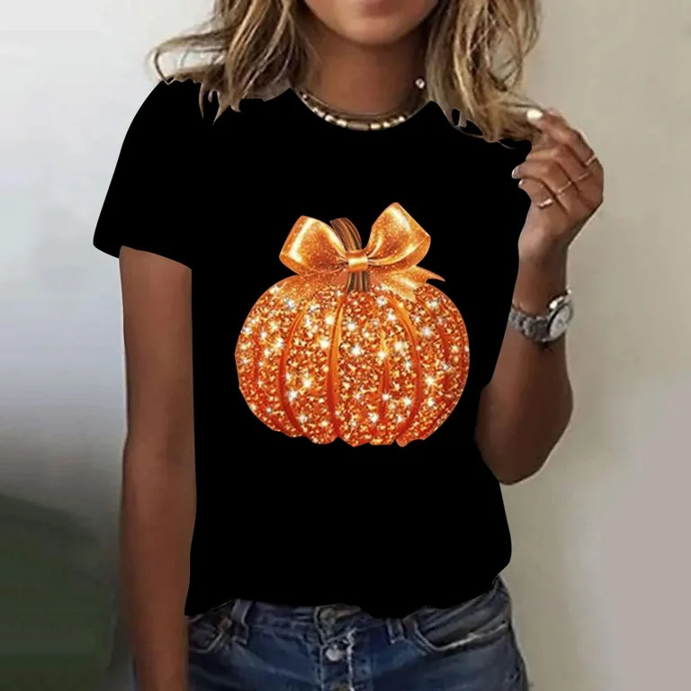 qolati Halloween Sequin Pumpkin Women Tops Retro Fall Print Crew Neck T-Shirt Thanksgiving Day Go... | Walmart (US)