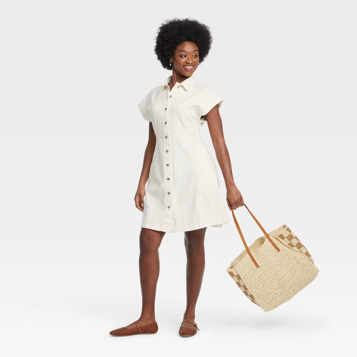 Women's Denim Flouncy Dress - Universal Thread™ Off-White S: Midweight, Button Down, Cap Sleeve... | Target