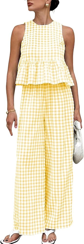 Womens 2 Piece Outfits Sets Gingham Plaid Sleeveless Ruffle Tank Tops and Wide Leg Pants Summer M... | Amazon (US)