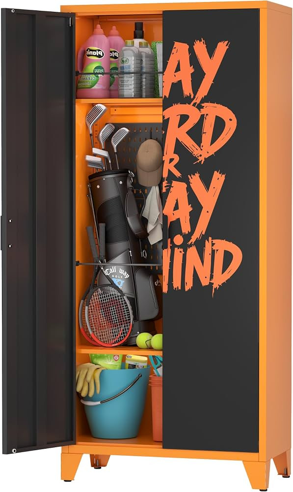 Garage Storage Cabinet with Doors and Shelves, Metal Storage with Elastic Cords, Pegboards and Ho... | Amazon (US)