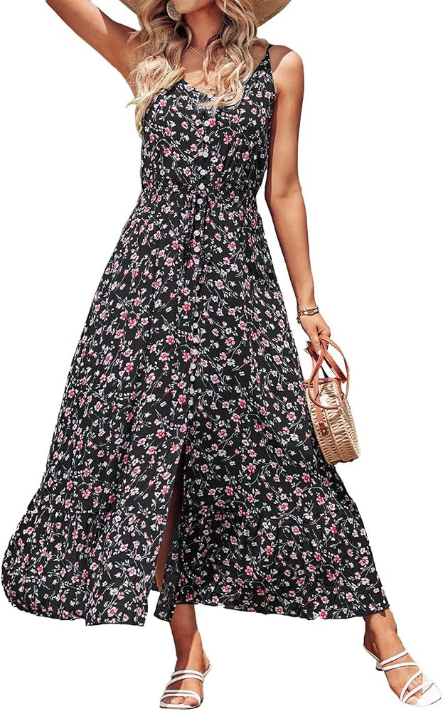 BTFBM Women 2023 Summer Spaghetti Strap V Neck Dress Polka Dot Floral Button Down Slit Sleeveless... | Amazon (US)