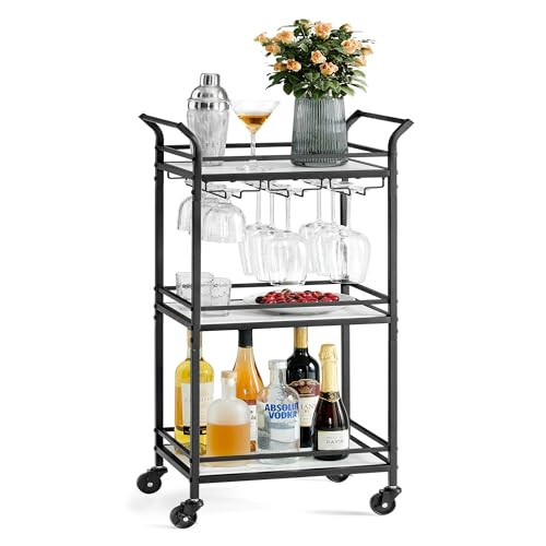 VASAGLE Bar Cart, Home Bar Serving Cart, Small Bar Cart with 3-Tier Shelf, Wine Holders, Glass Holders, Mini Bar Cart for Small Spaces, Kitchen, Dining Room, Living Room, Ink Black | Amazon (US)