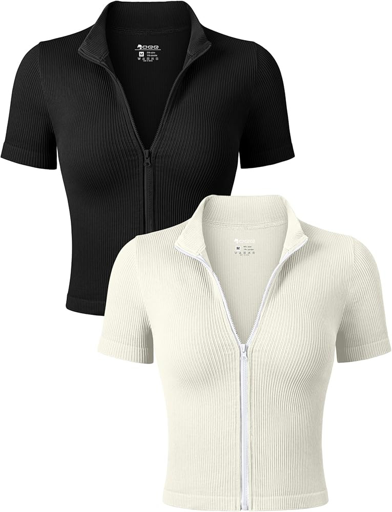 OQQ Womens 2 Piece T-Shirts Short Sleeve Front Zipped Stretch Fit Basic Tee Shirts Tops | Amazon (US)
