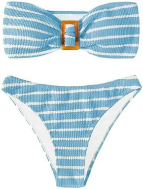 GORGLITTER Women's Strapless Bandeau Swimsuit High Waisted Thong Textured Bikini Set Bathing Suit | Amazon (US)