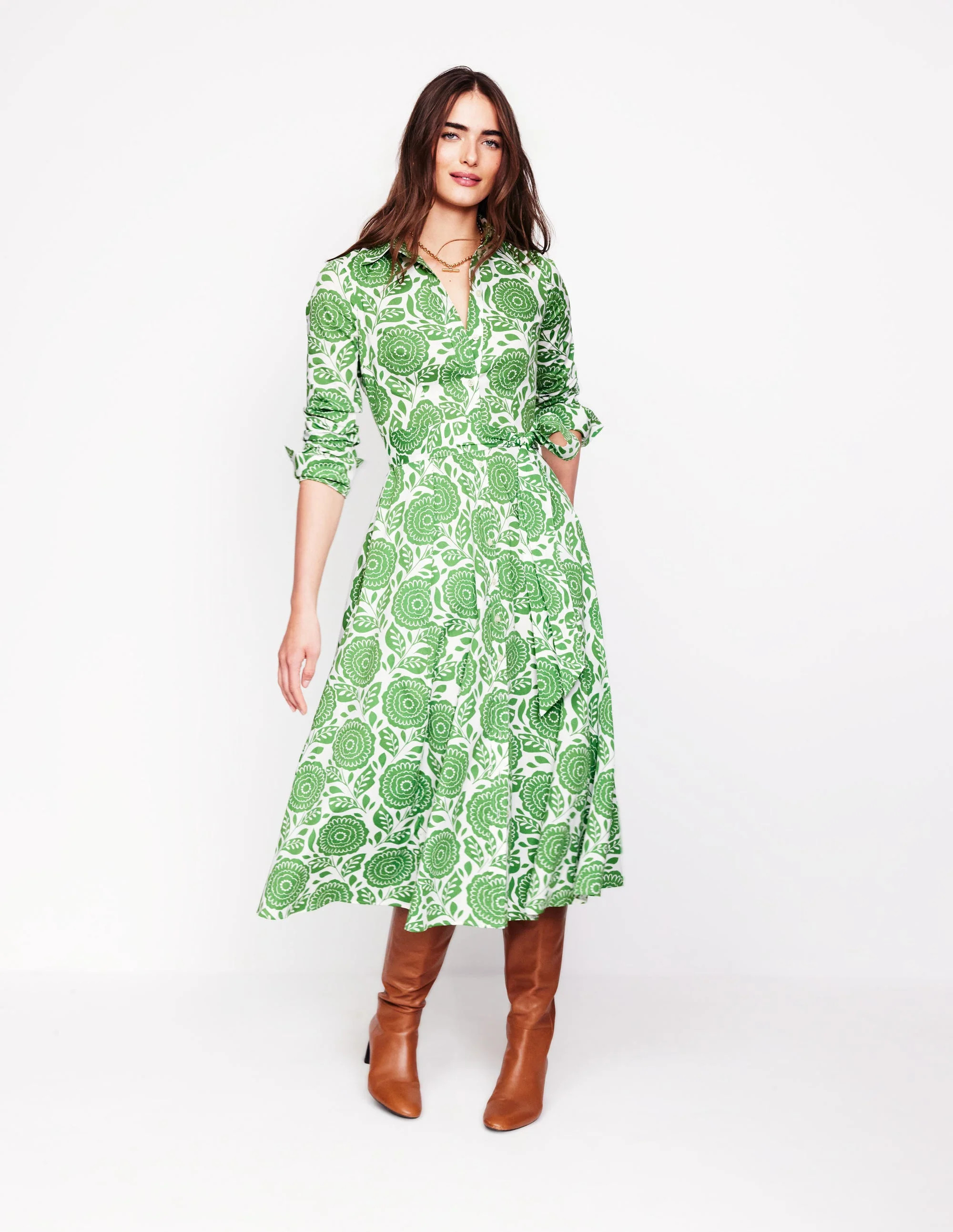 Amy Cotton Midi Shirt Dress-Iguana Green, Dahlia Stamp | Boden (US)