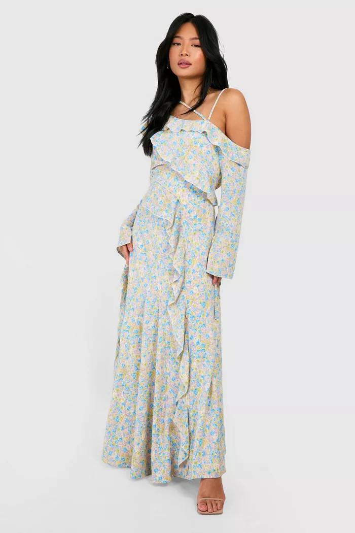 Petite Floral Asymmetric Ruffle Open Back Maxi Dress | Boohoo.com (UK & IE)