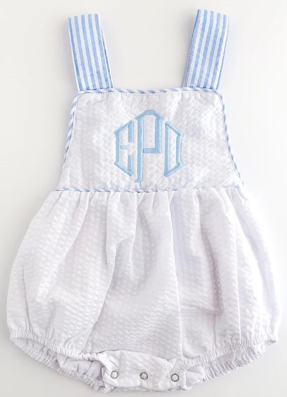 Monogrammed White and Blue Seersucker Bubble | Etsy (US)